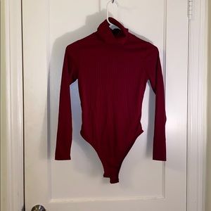 Maroon Rib Roll Neck Long Sleeve Bodysuit